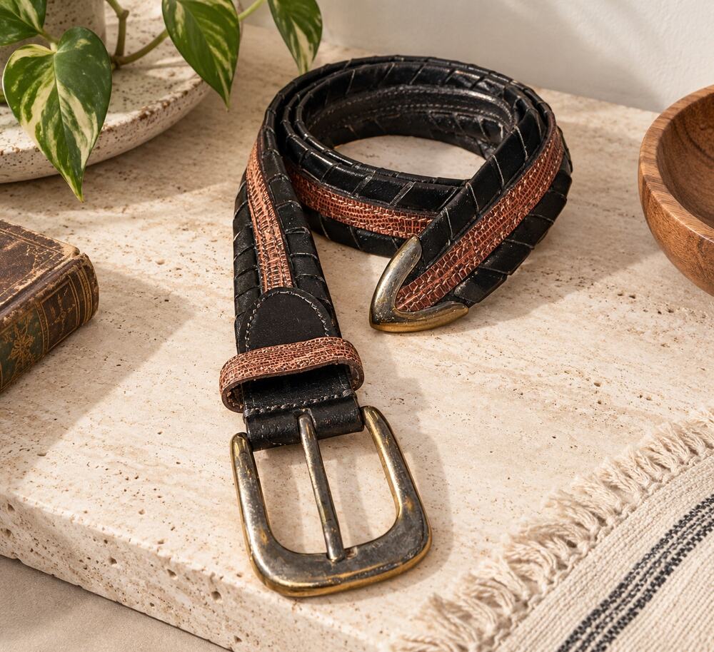 Vintage Snake Skin Embossed Leather Braided Belt Black Brown Western 34